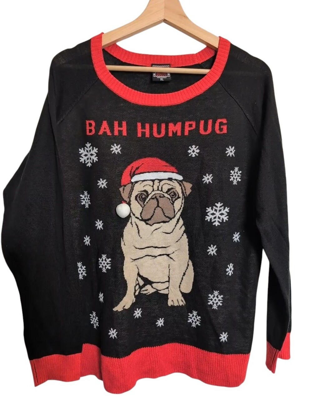 Pug Holiday Sweater Bah Humpug Christmas Black Red Size XL